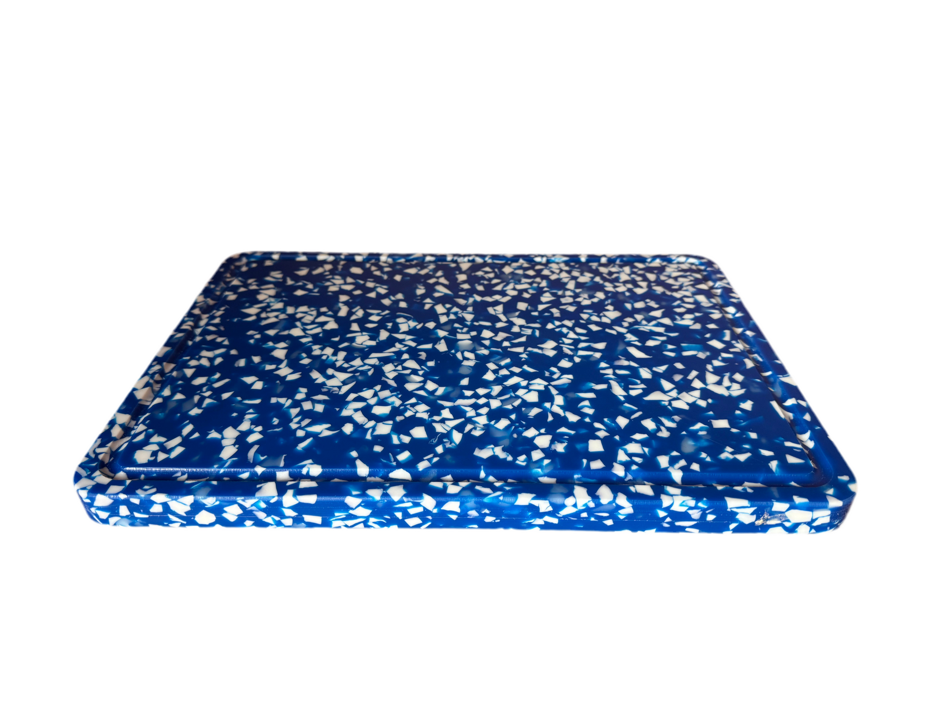 Blue and white speckled chopping board